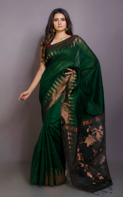 Crowned Temple Border Matka Tussar Silk Jamdani Saree in Dark Emerald Green and Copper Zari Work