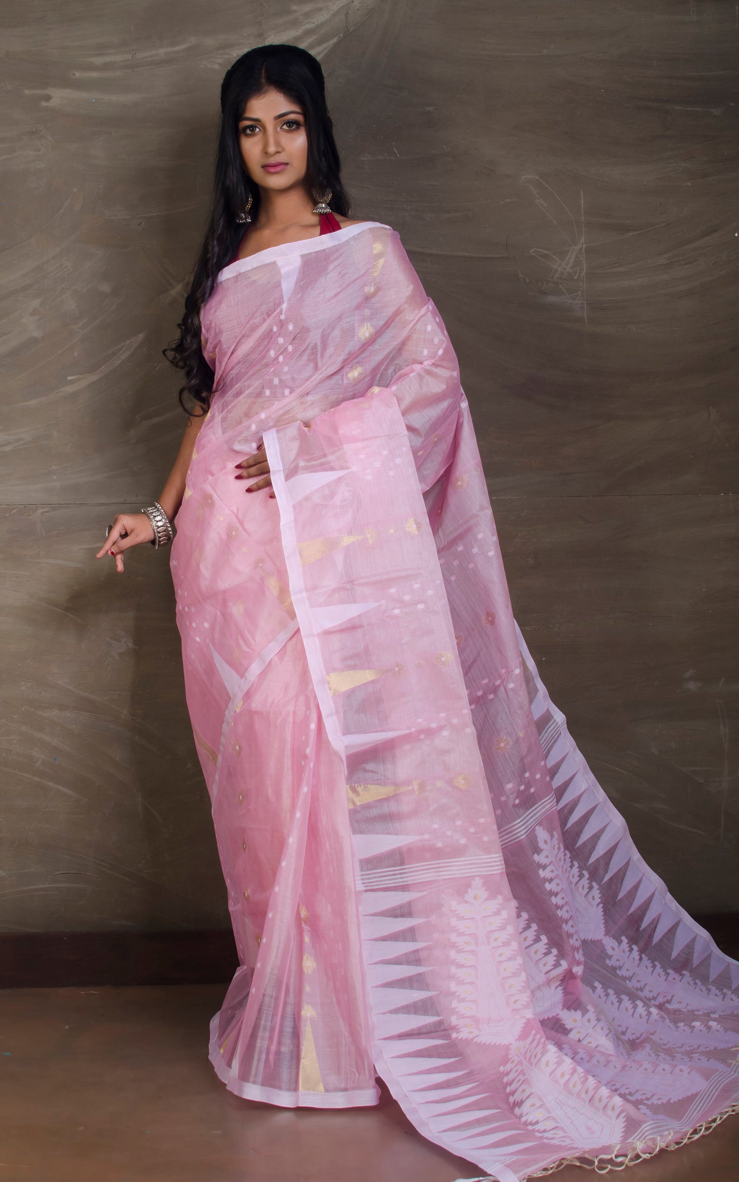 Handloom Tussar Silk Jamdani Saree in Baby Pink, White and Gold - Bengal Looms India