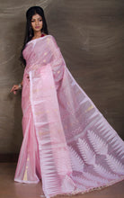 Handloom Tussar Silk Jamdani Saree in Baby Pink, White and Gold - Bengal Looms India