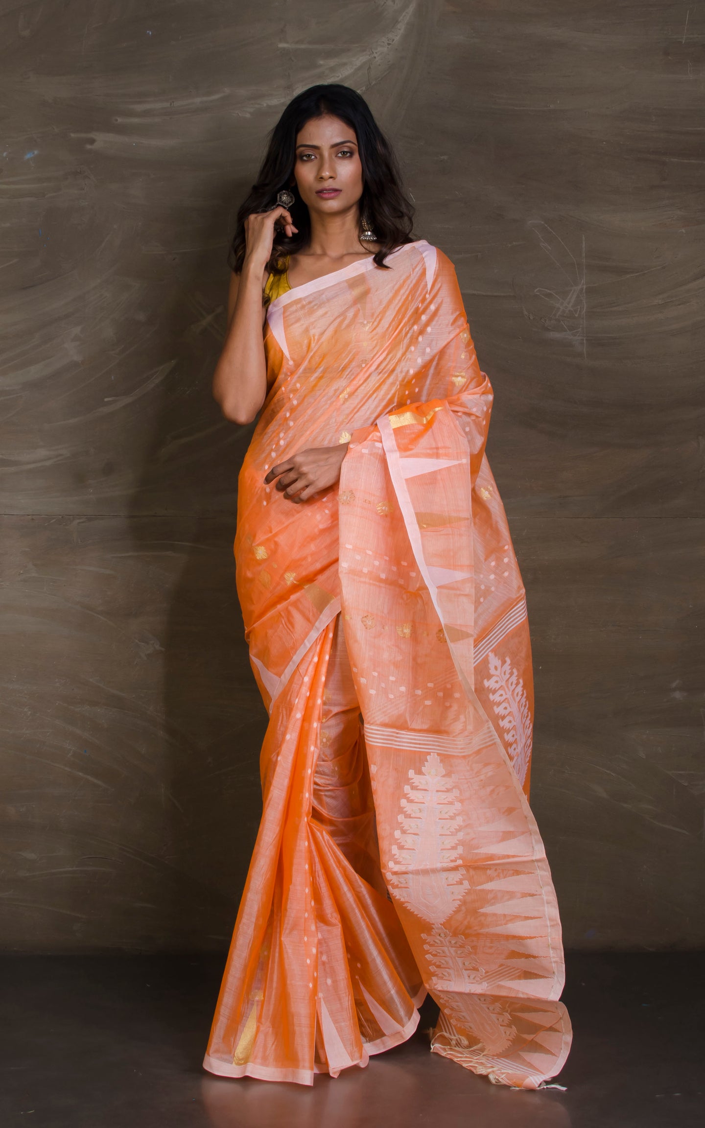 Handloom Tussar Silk Jamdani Saree in Carrot Orange, Off White and Gold
