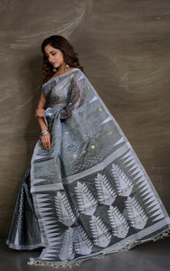 Handloom Tussar Silk Jamdani Saree in Charcoal Black, Off White and Gold