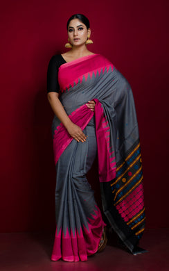 Dolabedi Tussar Silk Saree in Slate Grey, Hot Pink and Multicolored Thread Work